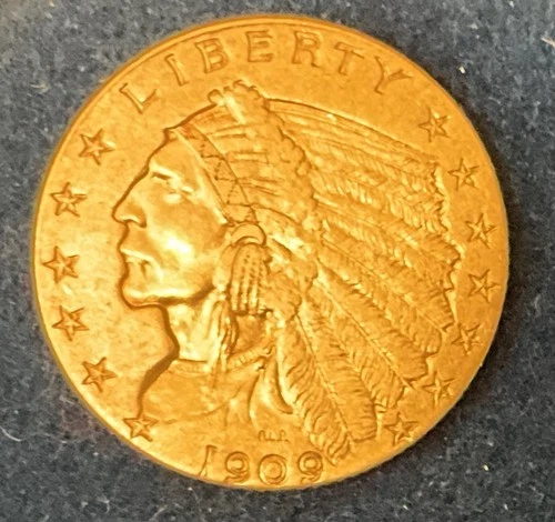 1909 $2.50 Gold Quarter Eagle Coin Indian Head US Mint - Excellent Specimen