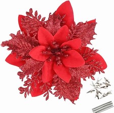 12 Pcs Glitter Poinsettia 5.5" Artificial Flowers Christmas with Clips Stems ...