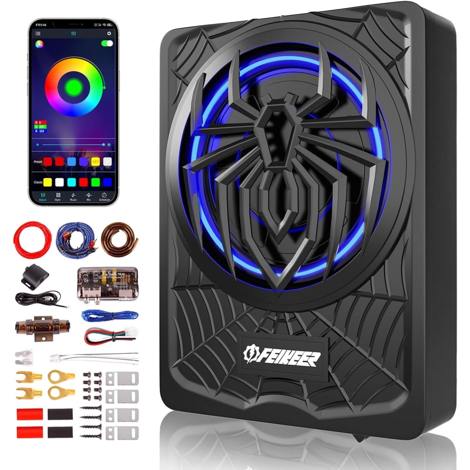 Compact Slim 10" RGB Car Subwoofer 1200W with Remote Control