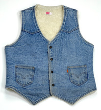 Vintage 70s Levis Orange Tab Denim Sherpa Lined Button Down Vest Size L