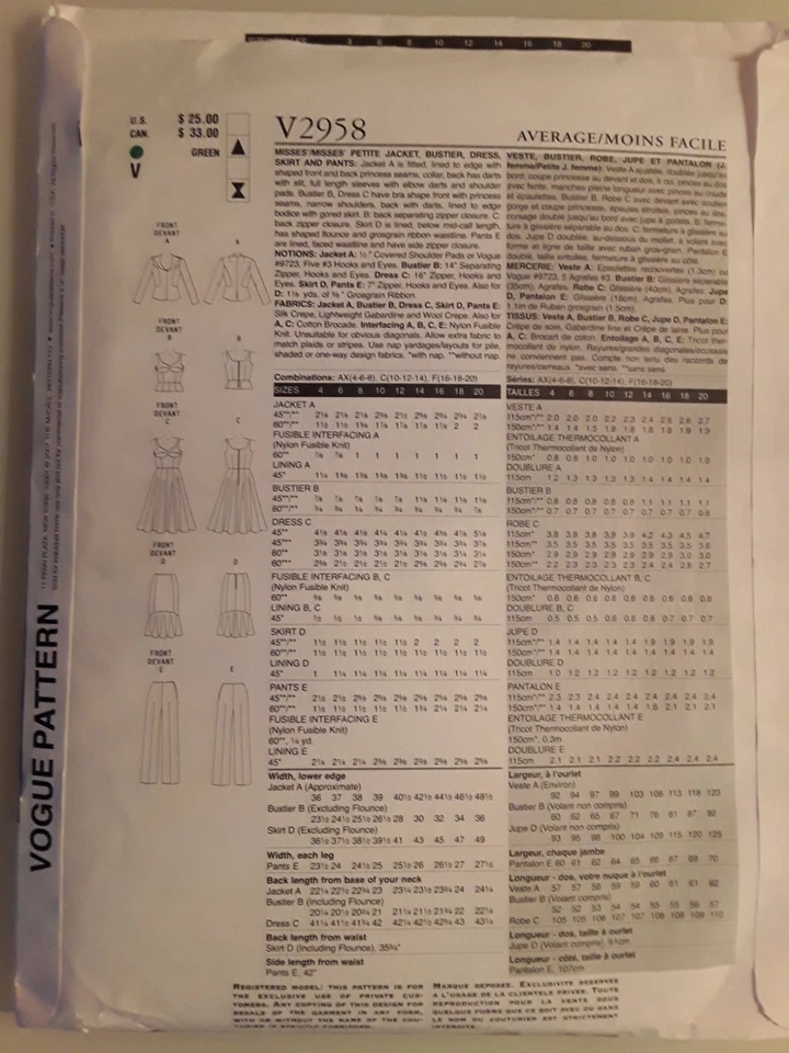 V 2958 Vogue Patterns Schnittmuster Kombination US 16-20/ D 42-46, unbenutzt - Bild 2 von 3