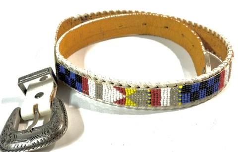 VTG NATIVE AMERICAN BEADED BELT- GENUINE WHITE LEATHER - TOOLED BUCKLE - SIZE S