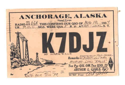 ANCHORAGE ALASKA,HAM RADIO QSL POSTCARD SENT TO AUCKLAND NEW ZEALAND 1934