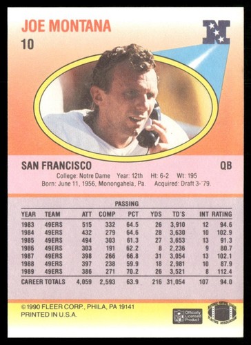 1990 Fleer - Joe Montana #10 Headings TD'S and YDS Switched - Picture 2 of 2