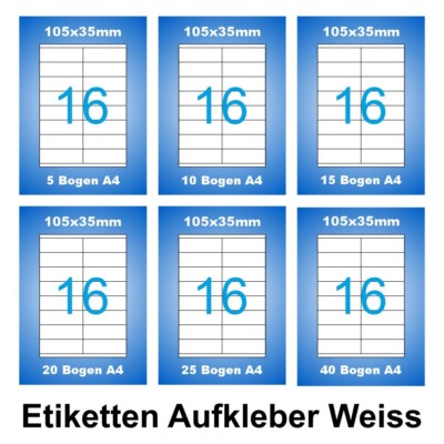 Universal Etiketten weiß 105x35 mm 16 Aufkleber je DIN A4 Bogen selbstklebend