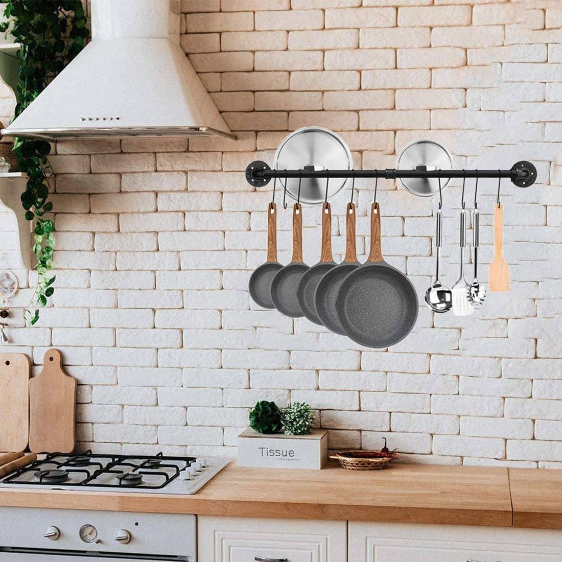 80cm Black Pipe Pot Rack Wall Mount Pot and Pan Hanger Rail Bar Kitchen