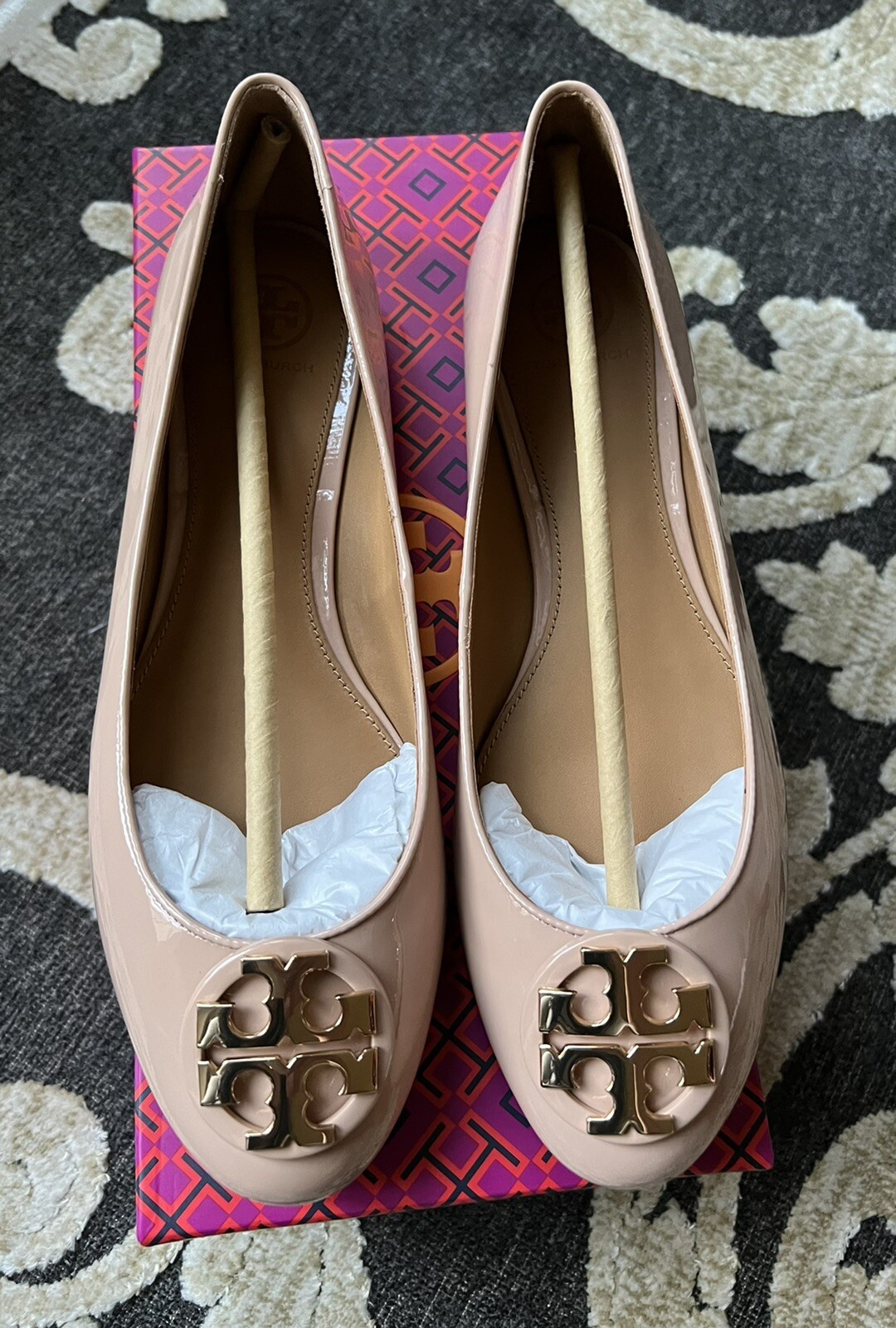 NIB TORY BURCH CLAIRE PATENT LEATHER BALLET FLATS GOAN SAND GOLD WOMEN SHOE  9.5M | eBay