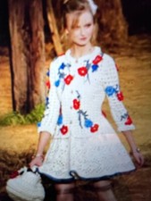 Chanel 10P VINTAGE CROCHET ECRU JACKET BLUE RED CAMELLIA FLOWERS Gold CC FR38-40