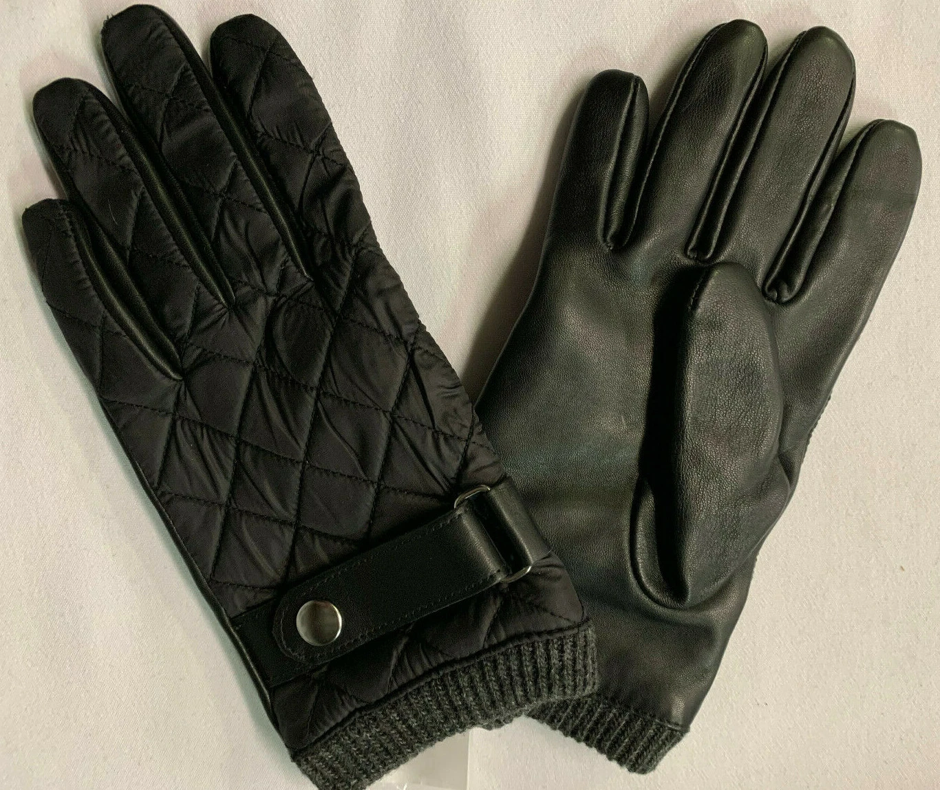 MENS 14TH & UNION BLACK PALM LEATHER NYLON BACK GLOVES KNIT CUFF SNAP DETAIL