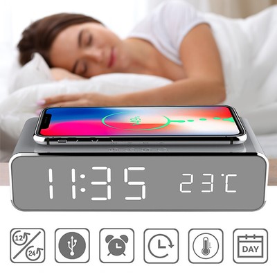   LED Electric Alarm Clock W/Phone Wireless Charger Desktop Digital Thermometer
