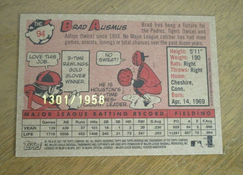  2007 TOPPS HERITAGE CHROME   BRAD AUSMUS   #THC94   HOUSTON ASTROS  1301/1958 - Image 2 of 3