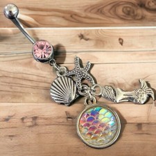 14g Rosa Claro Circonita Cuelga Sirena Estrella de Mar Caparazón Blanco Pez Escala Anillo Vientre B488