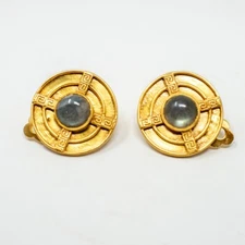 Julie VOS collection Hazel Stone 1" round gold natural stone Clip On Earrings
