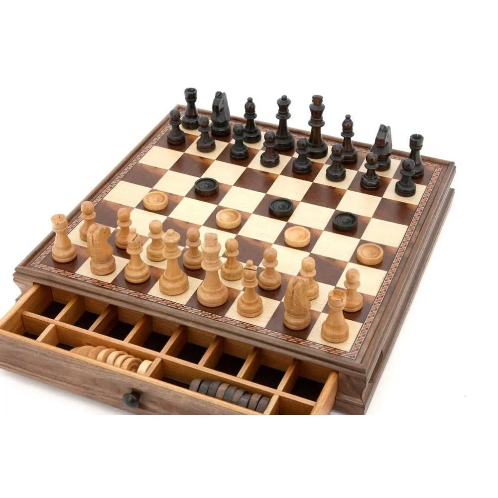 Dal Rossi Italy 15" Walnut Chess & Checkers Set with Drawer – Ivory Brown Pieces