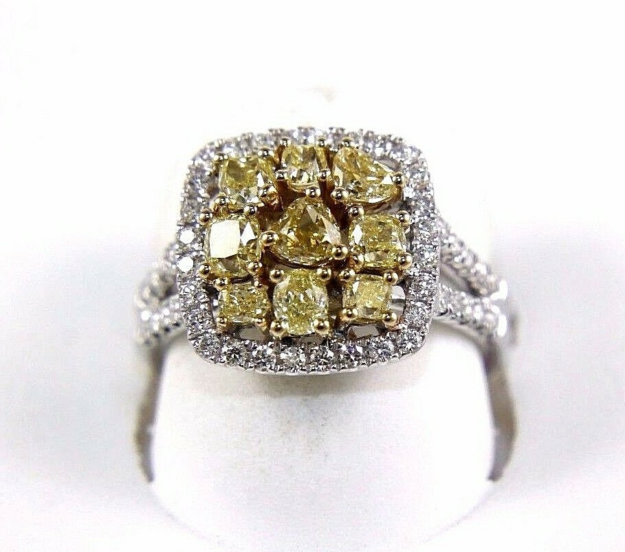 Fancy Yellow Canary Diamond Square Cluster Bridge Ring 14K White Gold