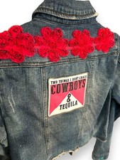 Denim Jacket Biker Cropped NWT OOAK Hand Deco...