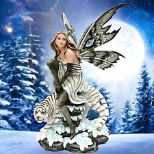 Enchanting Fairy & Snow Tiger Statue Fantasy Figurine Gothic Sculpture Ornament