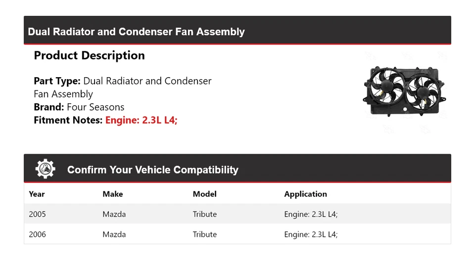 Conjunto de ventilador condensador y radiador doble Mazda Tribute 2005-2006 4 estaciones Foto 2 de 4