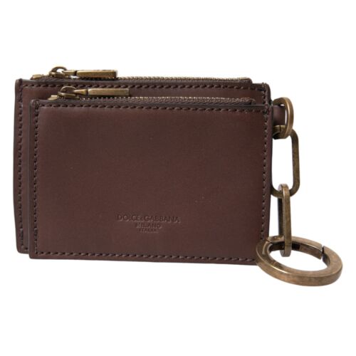 DOLCE & GABBANA Wallet Brown Leather Zip Logo Keyring Coin Purse Keyring 480usd - Picture 1 of 7