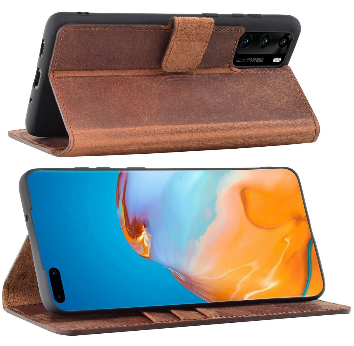 Suncase Custodia A Libro In Vera Pelle Per Huawei P40 Pro - Colore Caffè Anticato, Con Porta Carte E Supporto Per Video