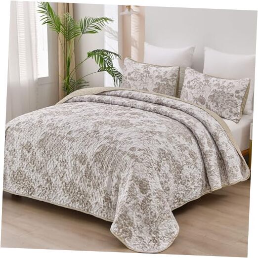 Botanical Quilt Set Size 3 Pieces Toile Floral Plants Printed Queen Khaki