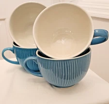 KOOV Jumbo Soup Mug Soup Bowls w Handles 24 oz Astera Decagon Denim Set of 4 EUC