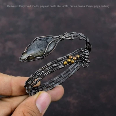 Pear Picasso Jasper Gemstone Copper Wife Boho Wire Wrapped Wedding Cuff Jewelry - Image 1 of 4