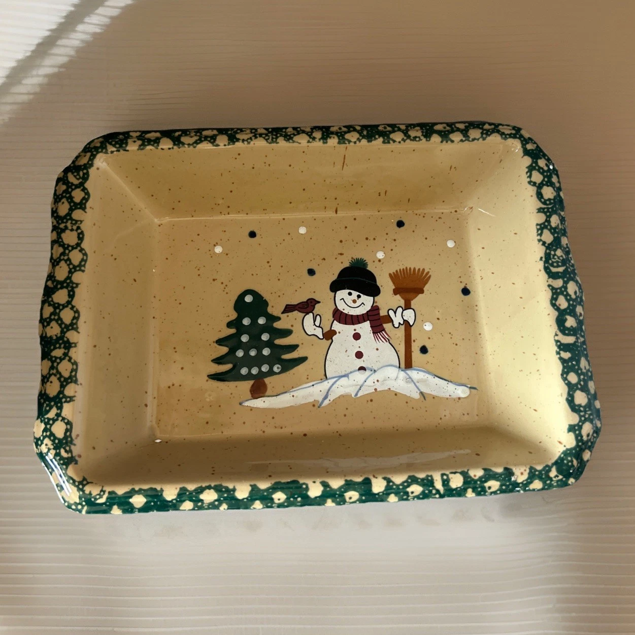 Vintage Country Snowman Stoneware Baker Baking Casserole Dish Pan 9 x 13