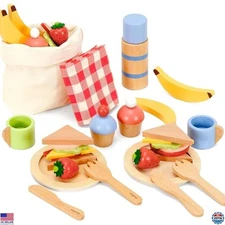 PairPear 32-Piece Wooden Play Food Set - Pretend Kitchen Toys with Bag, Ages 3+