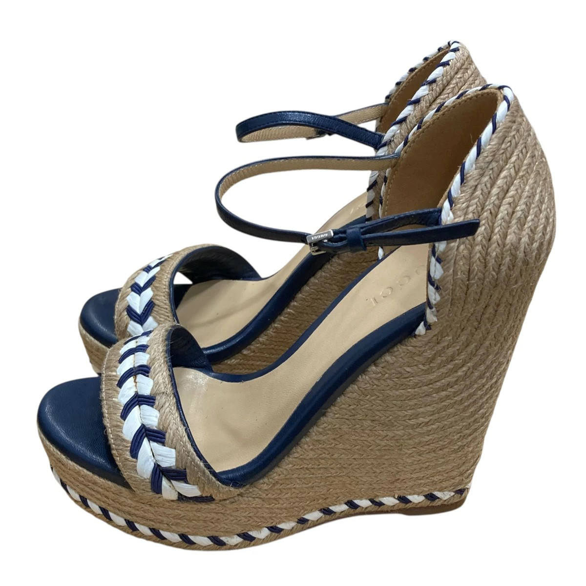GUCCI Wedge Sole Heel Sandals Khaki x Navy Size: 35 thumbnail 2