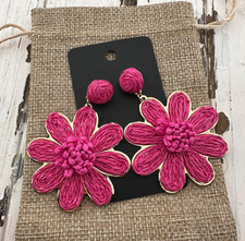 Fuchsia Pink Raffia Woven Flower Earrings