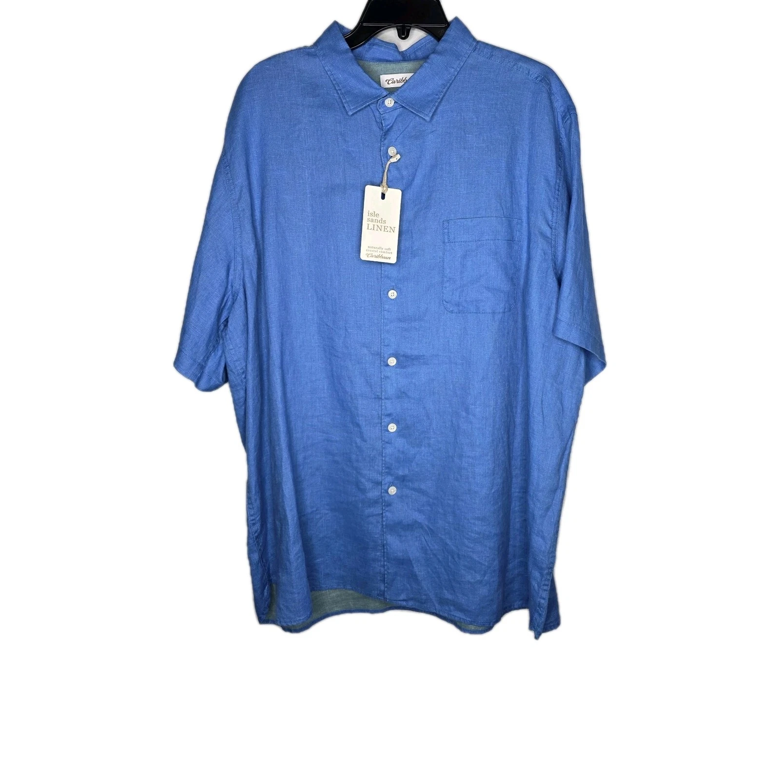 Caribbean Isle Sands Linen Shirt Mens XXL Blue Tropical Button Up Short Sleeve