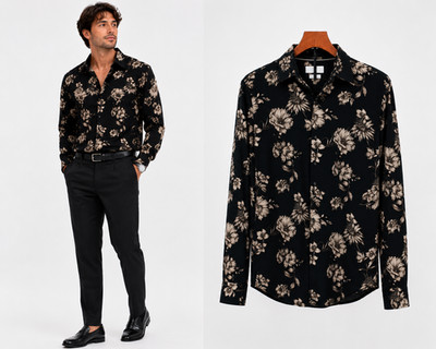 Porter & Ash Men's Large Floral Button Up Shirt Black Beige 4 Way Stretch Long