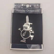Silver Tone Metal Snowman Christmas Ornament Plastic Crystal Ice Skating Vintage
