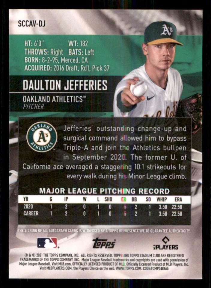 2021 Stadium Club Chrome AUTO #SCCAVDJ Daulton Jefferies - Image 2 of 2