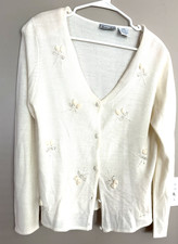 Vintage DELORES BELL Acrylic/Wool Blend Cream Emb Cardigan Sweater Size M