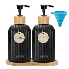 Black Glass Soap Dispenser Set with Bamboo Pump, 14oz Refillable