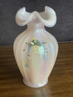 FENTON PINK WHITE OPALESCENT VASELINE HAND PAINTED USA VASE