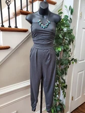 ADC Women's Gray Solid Polyester Off The Shoulder Jumpsuit With Pockets Small