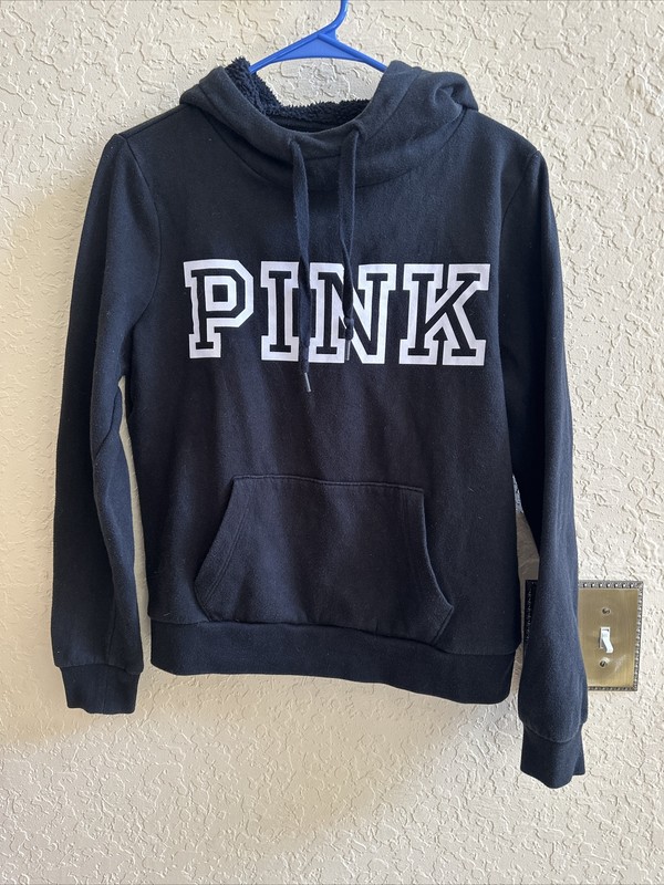 Victoria's Secret Pink Black Logo Pull On Hoodie Sweatshirt Size Small S