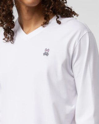 Psycho Bunny Men's White Solid Embroidered Bunny Logo V-Neck Long