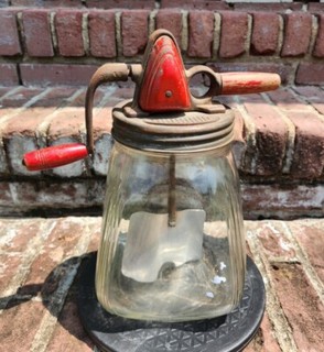 Vtg SCC 4 Quart No.4 Clear Glass Butter Churn / Square Red Top & Wood Handle!!!
