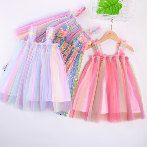 Girl Tutu Skirt Mesh Rainbow Glitter Dress Sleeveless Fairy Cosplay Thin Summer - Picture 1 of 19