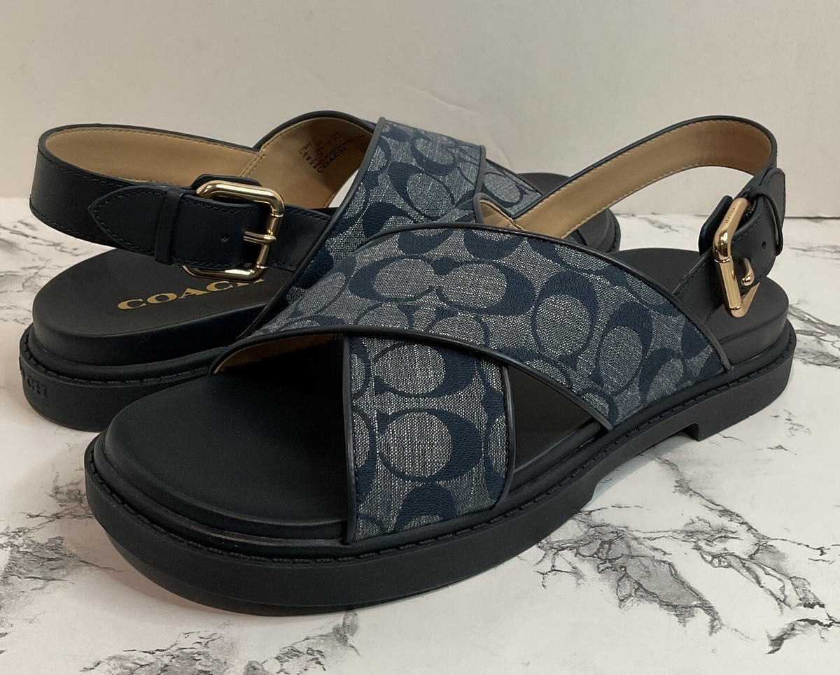 Coach Women Signature Fraser Chambray Sandal Midnight Navy Sz 9 B