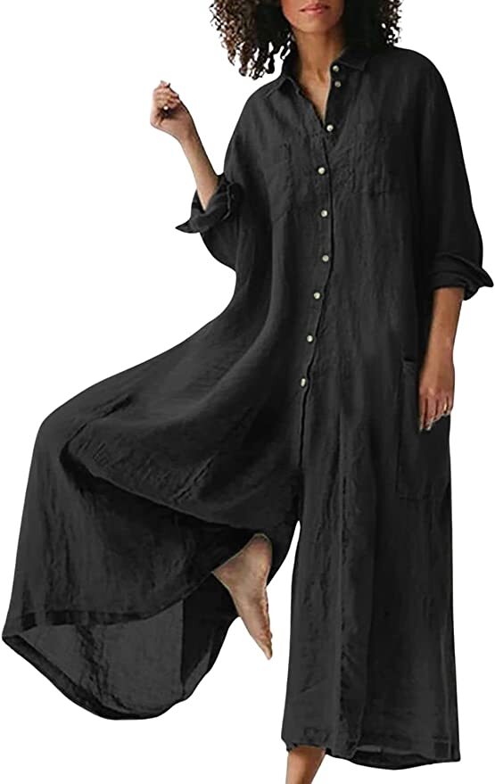 Women Linen Button Down Long Sleeve Wide Leg Jumpsuit Beach Palazzo ...