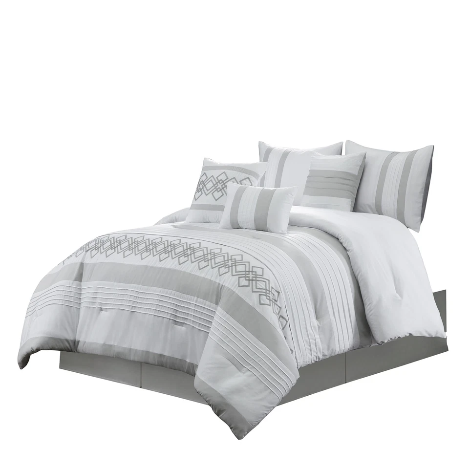 Luxury 7-Piece Chenille Geometric Embroidered Striped Comforter Set, Gray/White - Image 2 of 4