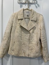 Chicos Womens Blazer Size 1 Cream Gold Metallic Asymmetrical Zip Closure