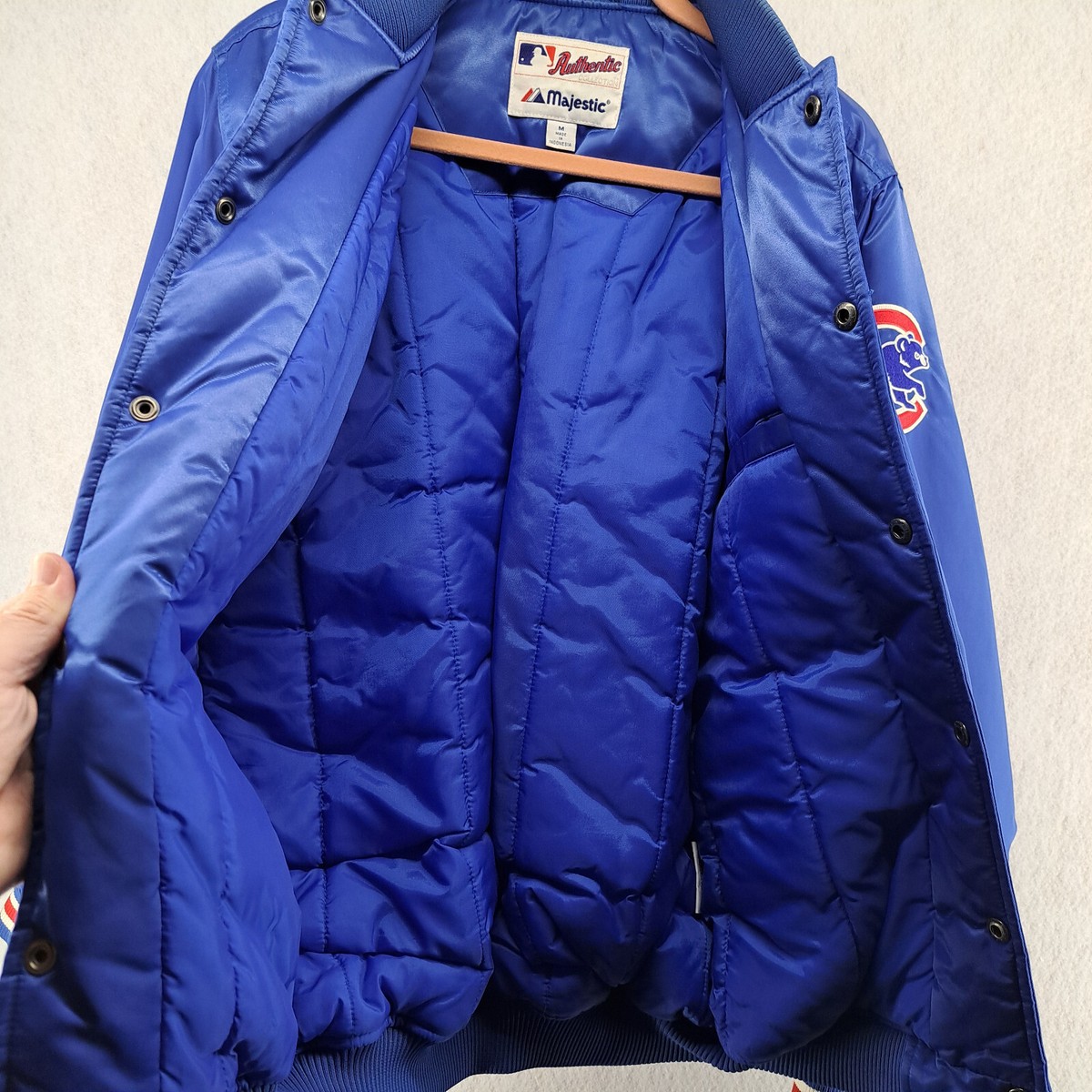 VTG Chicago Cubs Blue Snap Front Satin Jacket Mens Medium Majestic