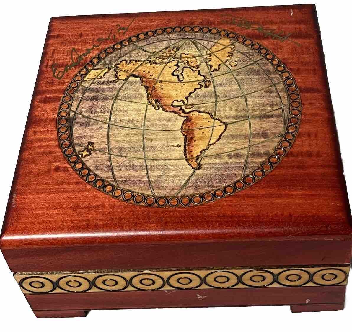 World Map Hand Crafted Mahogany Finish Keepsake Jewelry Wood Box- Made In Poland
