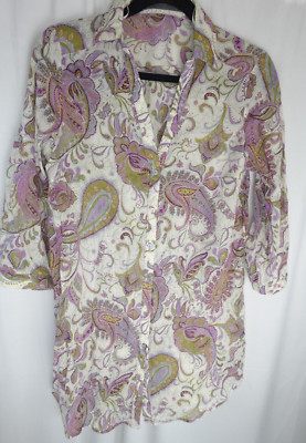 Zara Basic Blouse M Paisley Floral Button Down Purple Green Long Sleeve Boho Chi